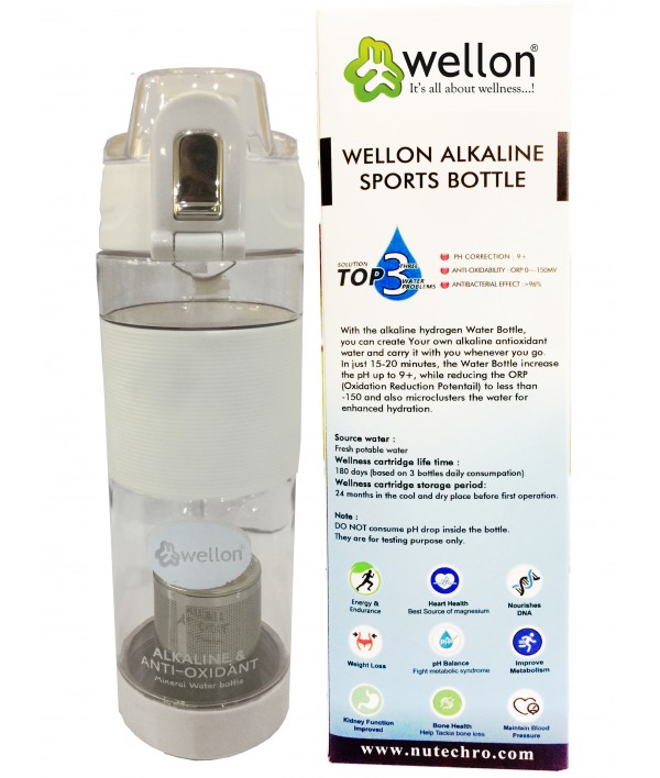 WELLON Gold Alkaline Sports Water Bottle For Healthy Drinking Water (White)
